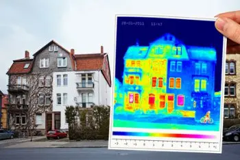 Vergleich zwischen normaler Aufnahme und Thermografie eines Wohngebäudes