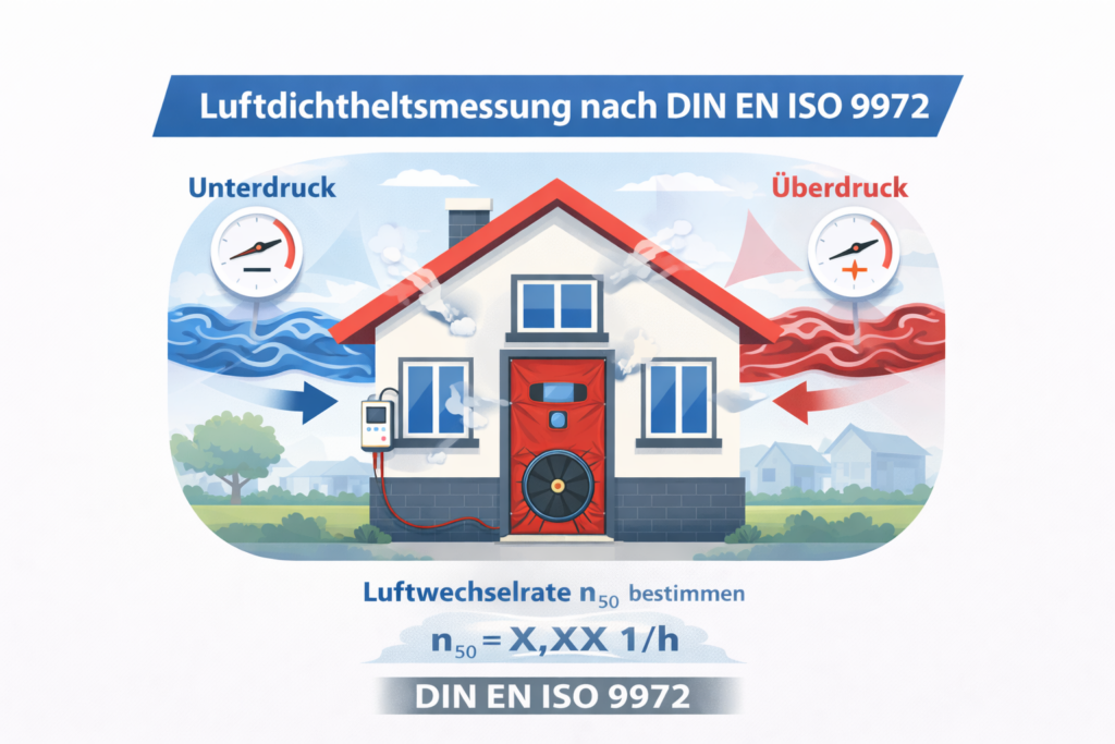 Luftdichtheitsmessung nach DIN EN ISO 9972 mit Unter- und Überdruck und Blower-Door-System