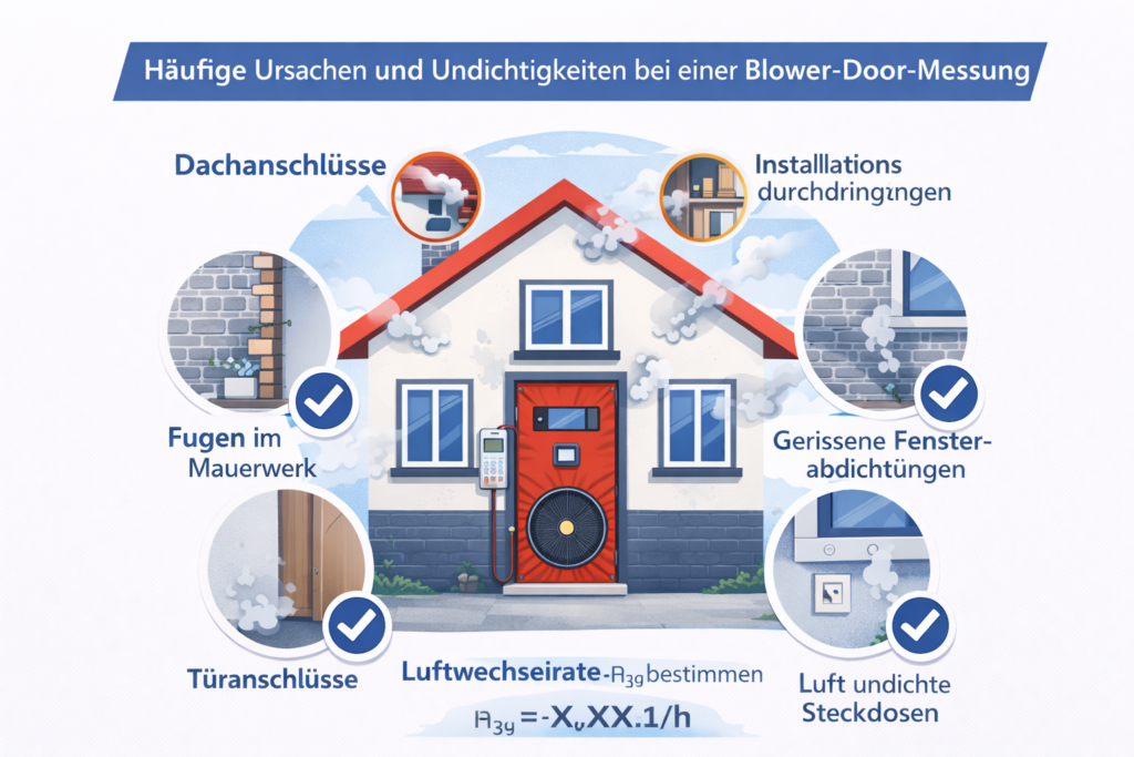 Häufige Undichtigkeiten bei einer Blower-Door-Messung an Dach, Fenstern, Türen und Installationen