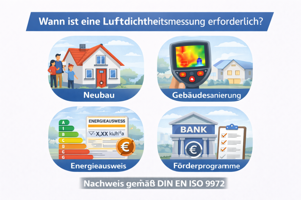 Anwendungsfälle für eine Luftdichtheitsmessung bei Neubau, Sanierung, Energieausweis und Förderprogrammen
