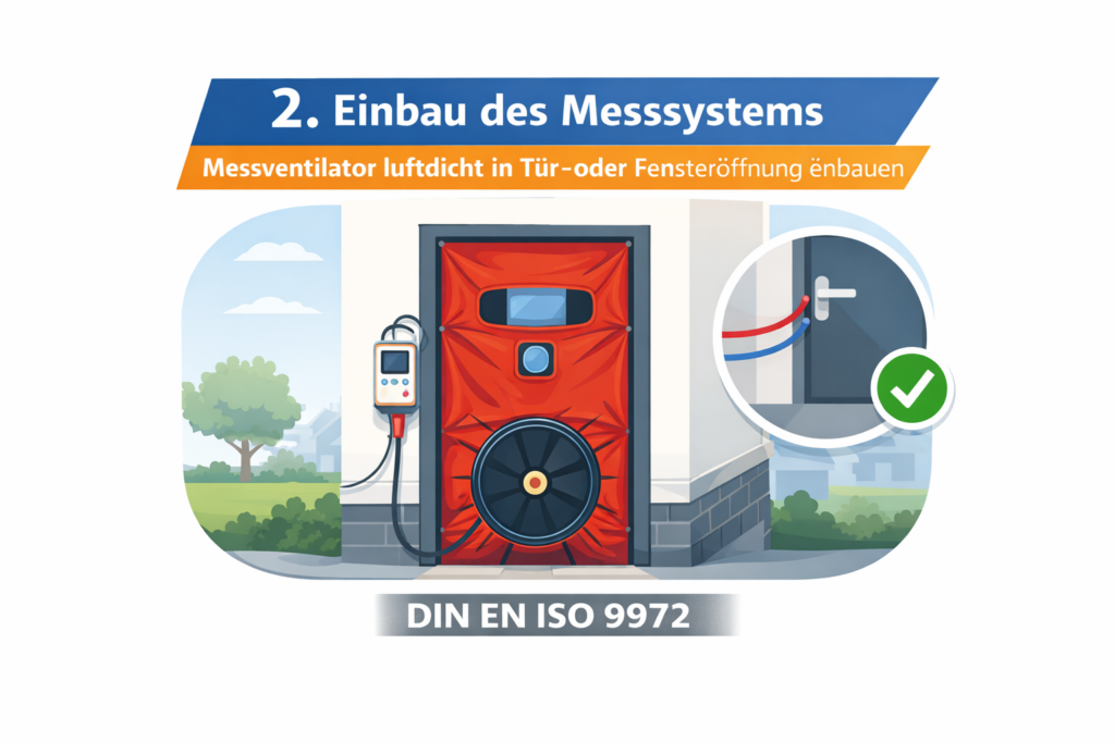Einbau des Blower-Door-Messsystems in der Türöffnung zur Luftdichtheitsmessung