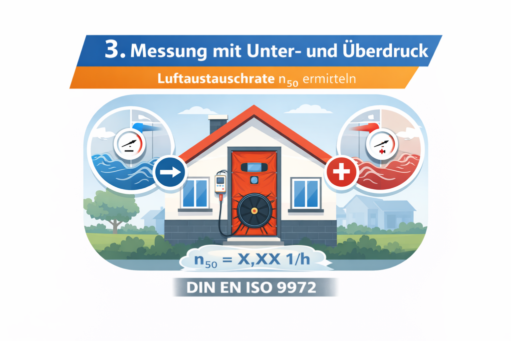 Messung mit Unter- und Überdruck zur Ermittlung der Luftwechselrate n50 beim Blower-Door-Test