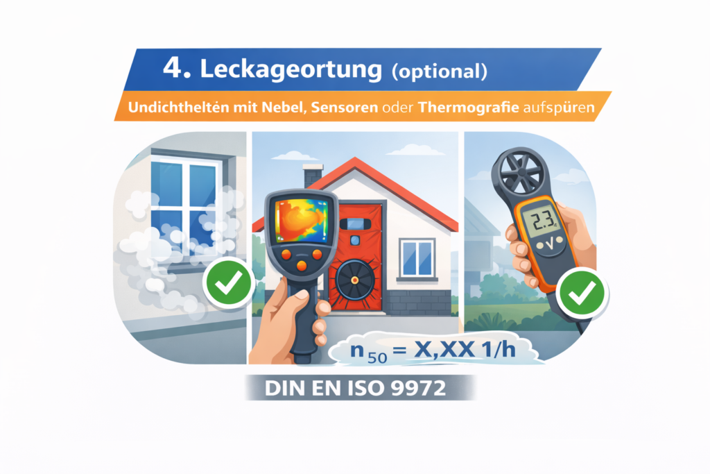 Leckageortung bei der Luftdichtheitsmessung mit Nebel, Thermografie und Luftsensoren