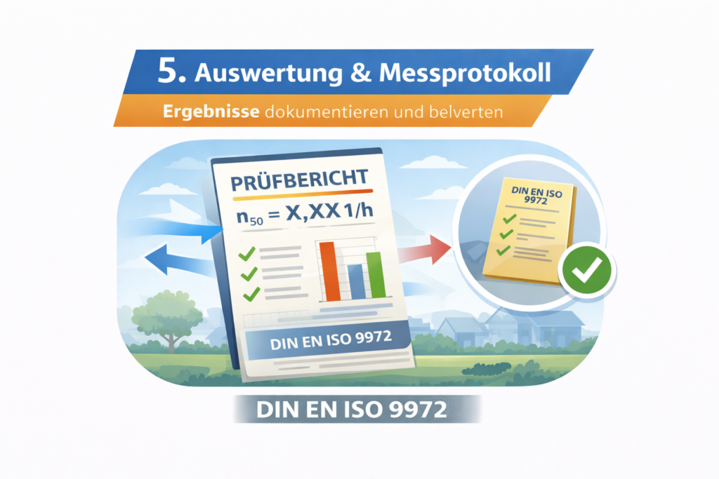 Messprotokoll der Luftdichtheitsmessung mit n50-Wert nach DIN EN ISO 9972