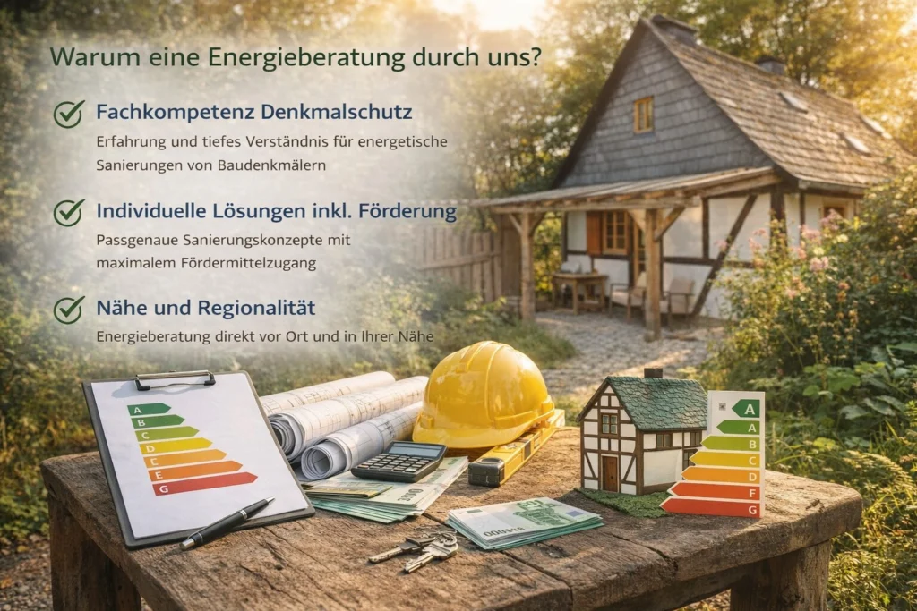 Energieberatung vor Ort an einem denkmalgeschützten Gebäude mit Sanierungsunterlagen und Energieeffizienzbewertung