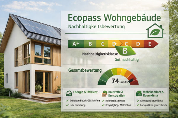 Ecopass für Wohngebäude – nachhaltiges Einfamilienhaus mit Nachhaltigkeitsklasse B