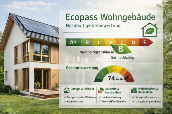 Ecopass für Wohngebäude – nachhaltiges Einfamilienhaus mit Nachhaltigkeitsklasse B