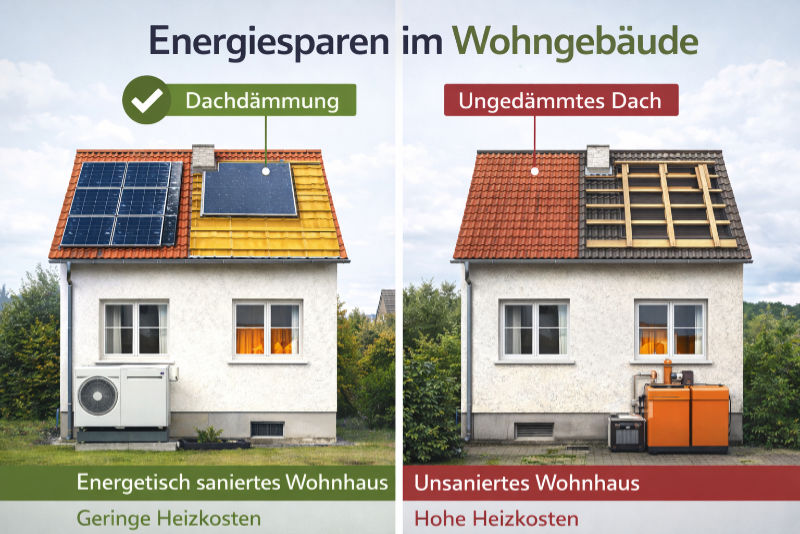 Vergleich eines energetisch sanierten Wohnhauses mit Dachdämmung, Photovoltaik und Wärmepumpe gegenüber einem unsanierten Wohnhaus mit ungedämmtem Dach und hohen Heizkosten