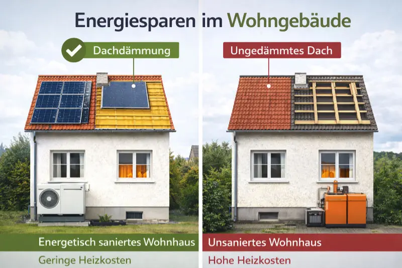 Vergleich eines energetisch sanierten Wohnhauses mit Dachdämmung, Photovoltaik und Wärmepumpe gegenüber einem unsanierten Wohnhaus mit ungedämmtem Dach und hohen Heizkosten