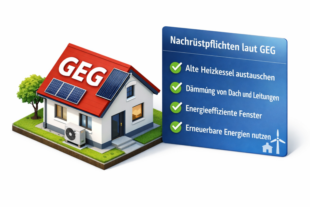Übersicht der im Energieausweis enthaltenen Angaben wie Energieeffizienz, Heizsystem, Modernisierungsempfehlungen und gesetzliche Anforderungen nach GEG