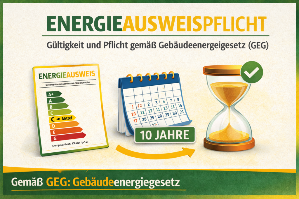Darstellung der Energieausweispflicht mit Energieausweis, Kalender und Gültigkeit von 10 Jahren gemäß Gebäudeenergiegesetz (GEG)