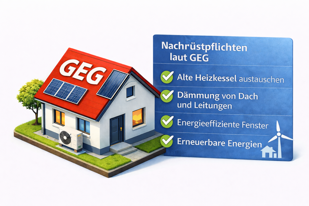 Isometrische Darstellung eines Einfamilienhauses mit Hinweis auf das Gebäudeenergiegesetz GEG und gesetzliche Nachrüstpflichten