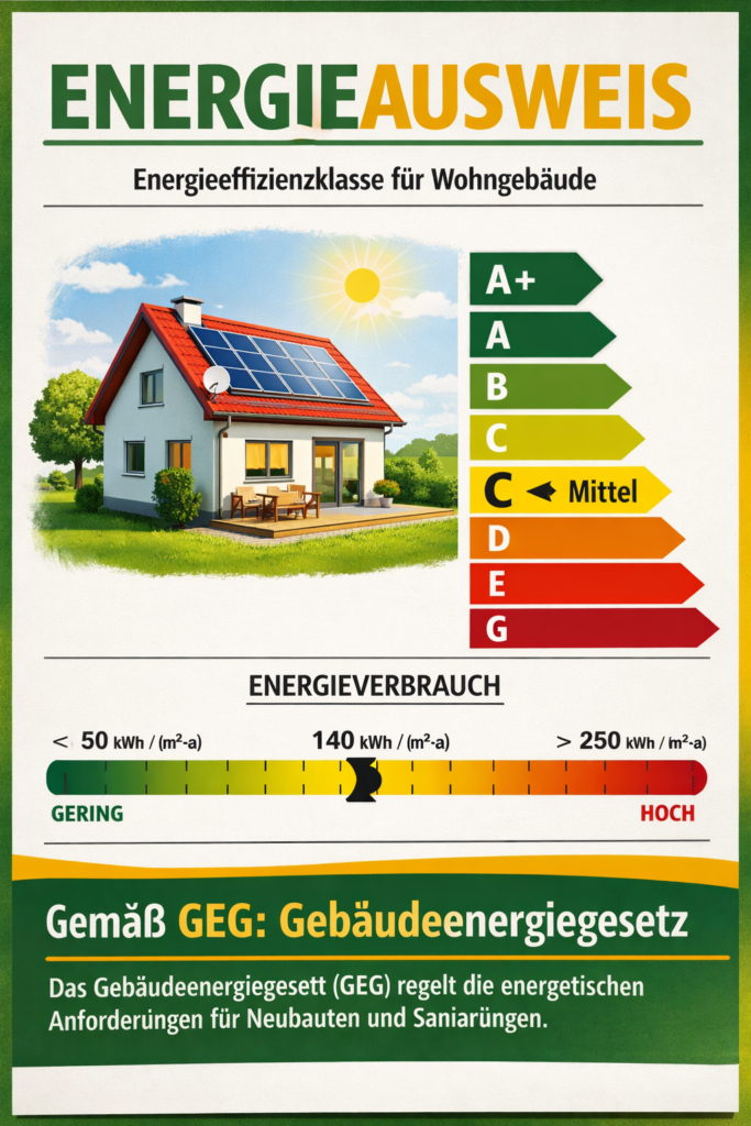 Energieausweis für ein kleines Wohnhaus mit Energieeffizienzklasse und Hinweis auf das Gebäudeenergiegesetz (GEG)