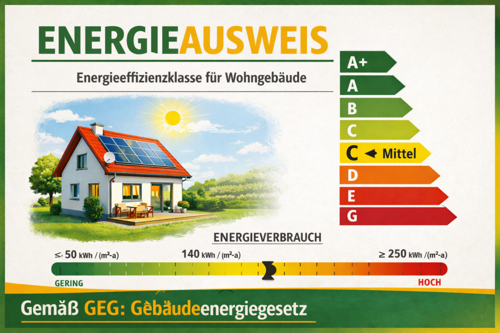 Energieausweis für ein kleines Wohnhaus mit Energieeffizienzklasse und Hinweis auf das Gebäudeenergiegesetz (GEG)