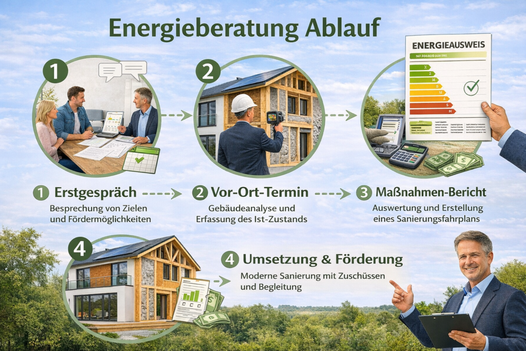 Ablauf einer Energieberatung mit Erstgespräch, Vor-Ort-Termin, Maßnahmenbericht und Umsetzung