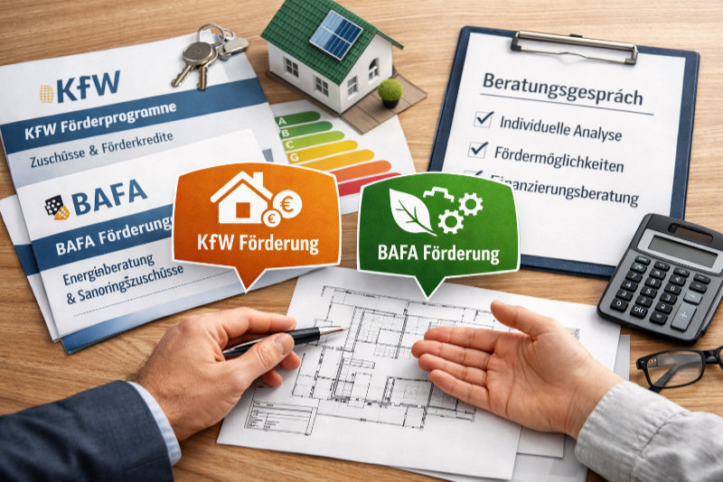 Symbolbild zur Fördermittelberatung mit Informationen zu KfW- und BAFA-Förderungen für Wohngebäude