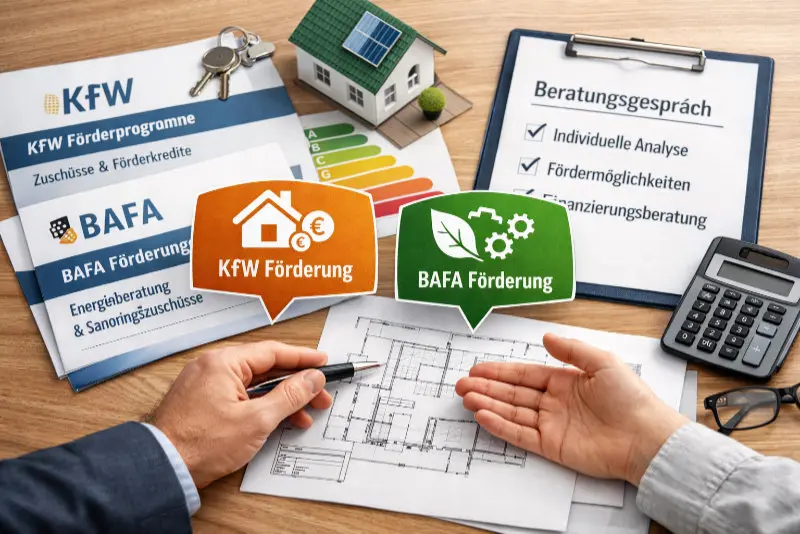 Symbolbild zur Fördermittelberatung mit Informationen zu KfW- und BAFA-Förderungen für Wohngebäude