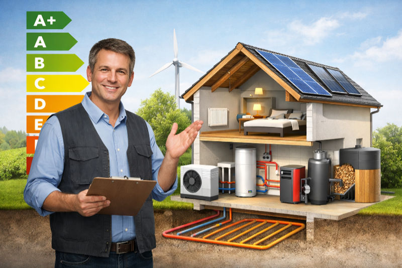 Energieberatung für Wohngebäude mit Darstellung eines energieeffizienten Hauses, Wärmepumpe, Photovoltaikanlage, Fußbodenheizung und Energieeffizienzklasse A+