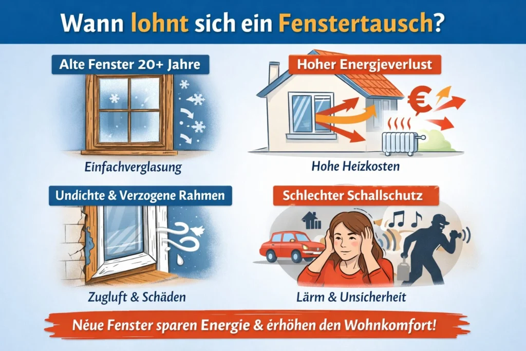 Wann sich ein Fenstertausch lohnt – alte Fenster, Energieverluste, hohe Heizkosten und schlechter Schallschutz