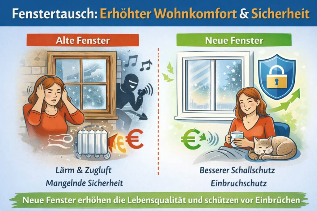Fenstertausch erhöht Wohnkomfort und Sicherheit – besserer Schallschutz, weniger Zugluft und wirksamer Einbruchschutz durch moderne Fenster