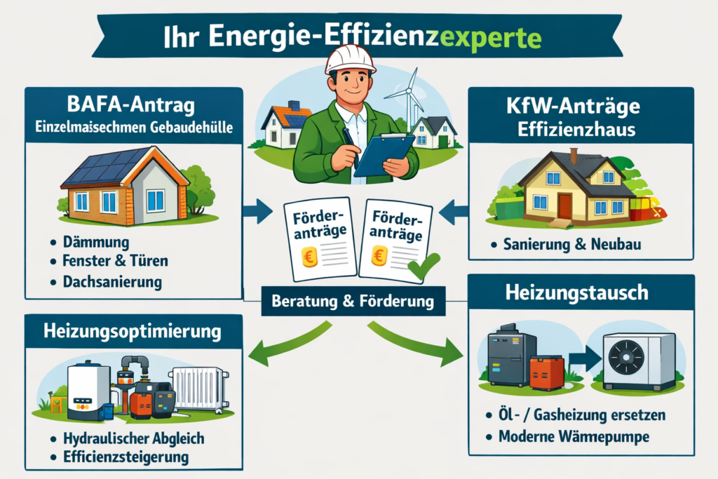 Leistungen eines Energie-Effizienzexperten – BAFA-Antrag Einzelmaßnahmen Gebäudehülle, Heizungsoptimierung und KfW-Förderung für Effizienzhaus und Heizungsaustausch