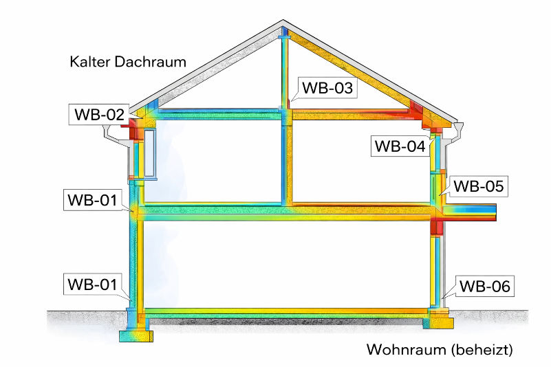 Gebäudeschnitt eines Wohnhauses mit farblicher Darstellung typischer Wärmebrücken an Dach, Wand, Decken und Fundament
