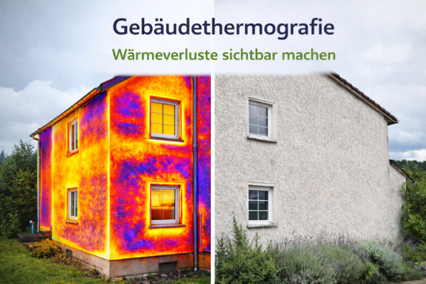Gebäudethermografie eines Wohnhauses im Vergleich: links Thermografie mit sichtbaren Wärmeverlusten, rechts normale Außenansicht des Gebäudes