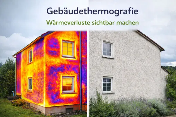 Gebäudethermografie eines Wohnhauses im Vergleich: links Thermografie mit sichtbaren Wärmeverlusten, rechts normale Außenansicht des Gebäudes