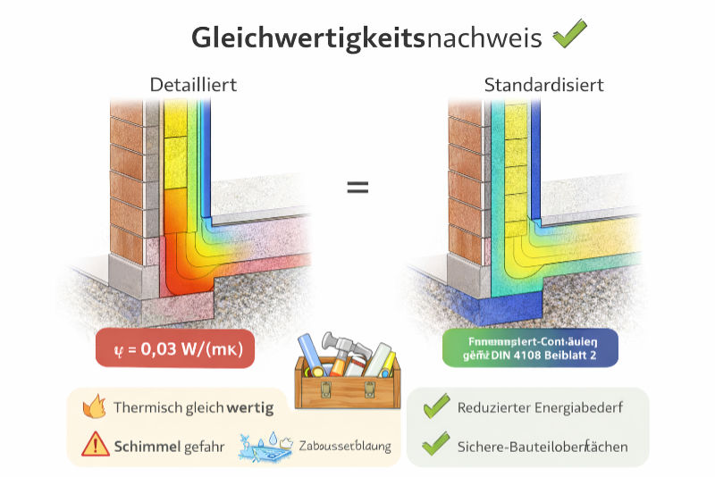Gleichwertigkeitsnachweis einer Wärmebrücke mit Vergleich zwischen detaillierter Berechnung und standardisiertem Anschluss nach DIN 4108 Beiblatt 2