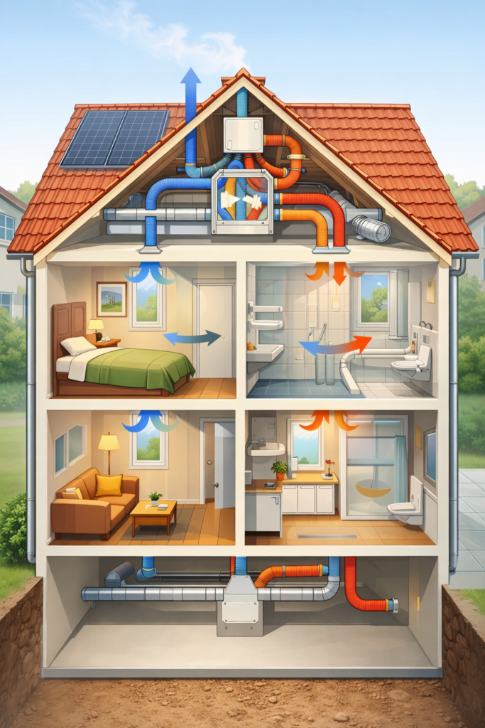 Gebäudeschnitt Einfamilienhaus mit zentraler Lüftungsanlage und Wärmerückgewinnung – Luftführung und Raumluftkonzept