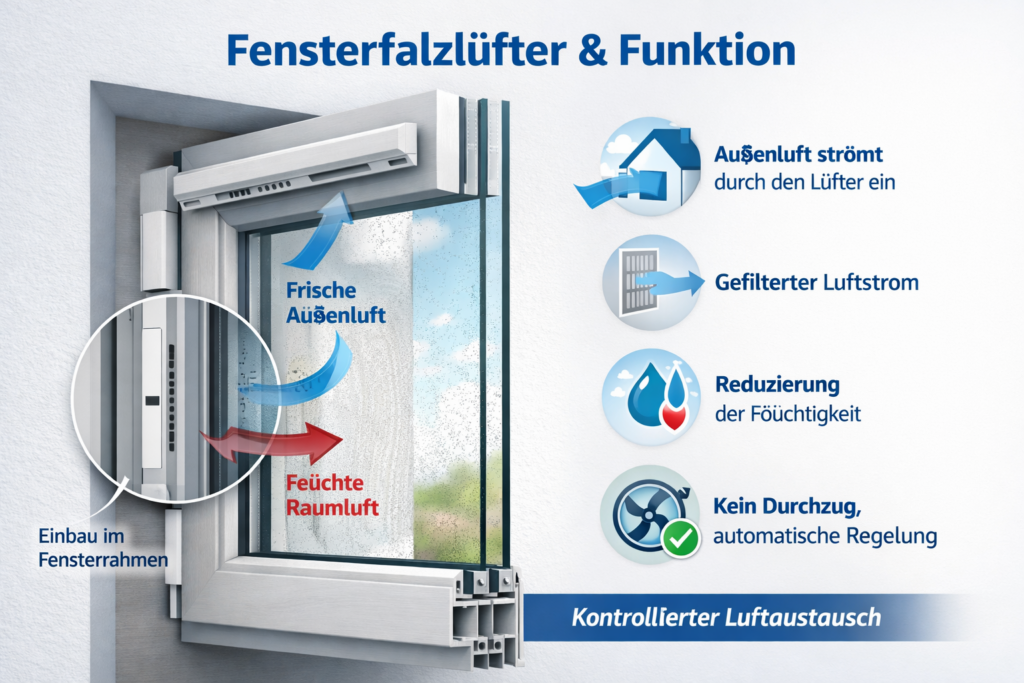 Fensterfalzlüfter im Fensterrahmen – Funktion zur kontrollierten Frischluftzufuhr und Feuchteschutz