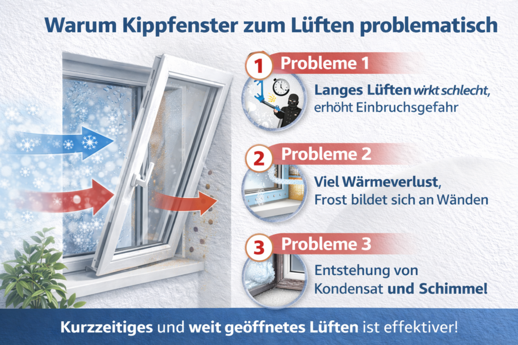 Kippfenster beim Lüften – geringe Luftströmung, Auskühlung der Laibung und erhöhtes Schimmelrisiko