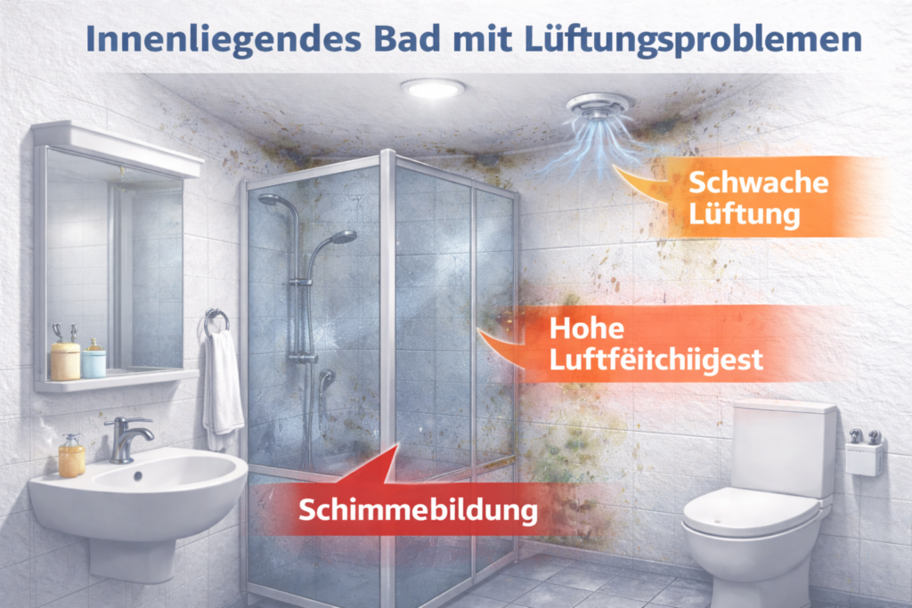 Innenliegendes, fensterloses Bad mit Lüftungsproblemen – hohe Luftfeuchtigkeit und Schimmelrisiko