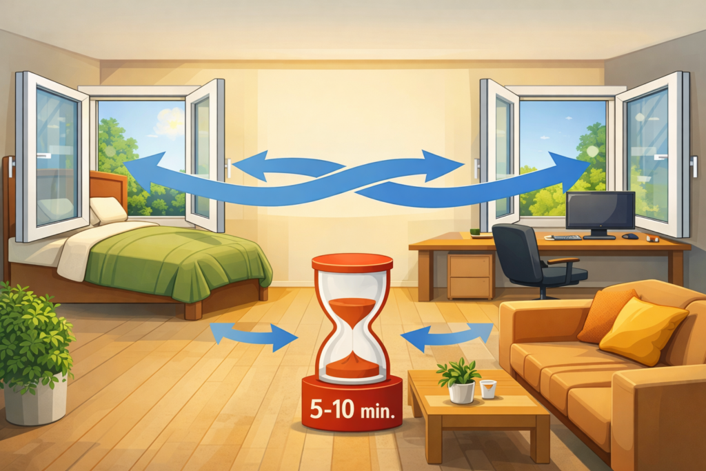 Richtiges Fensterlüften in der Wohnung mit Stoßlüftung und Querlüftung – Luftströme und Lüftungsdauer 5–10 Minuten