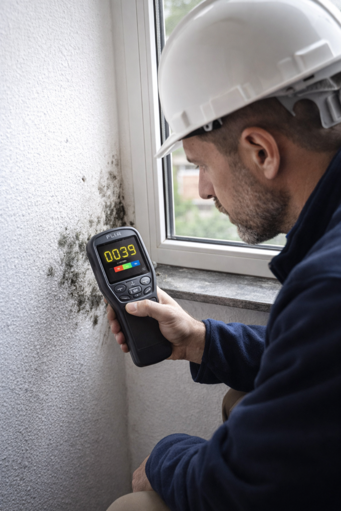 Schimmelgutachter untersucht kleinen Schimmelbefall in einer Wohnung mit Feuchtemessgerät an der Wand