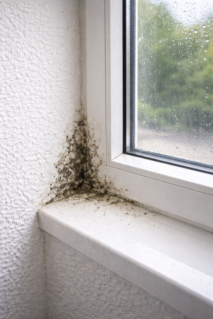 Geringer Schimmelpilzbefall an der Fensterlaibung und am Fensterbankanschluss durch Feuchtigkeit und Kondensat