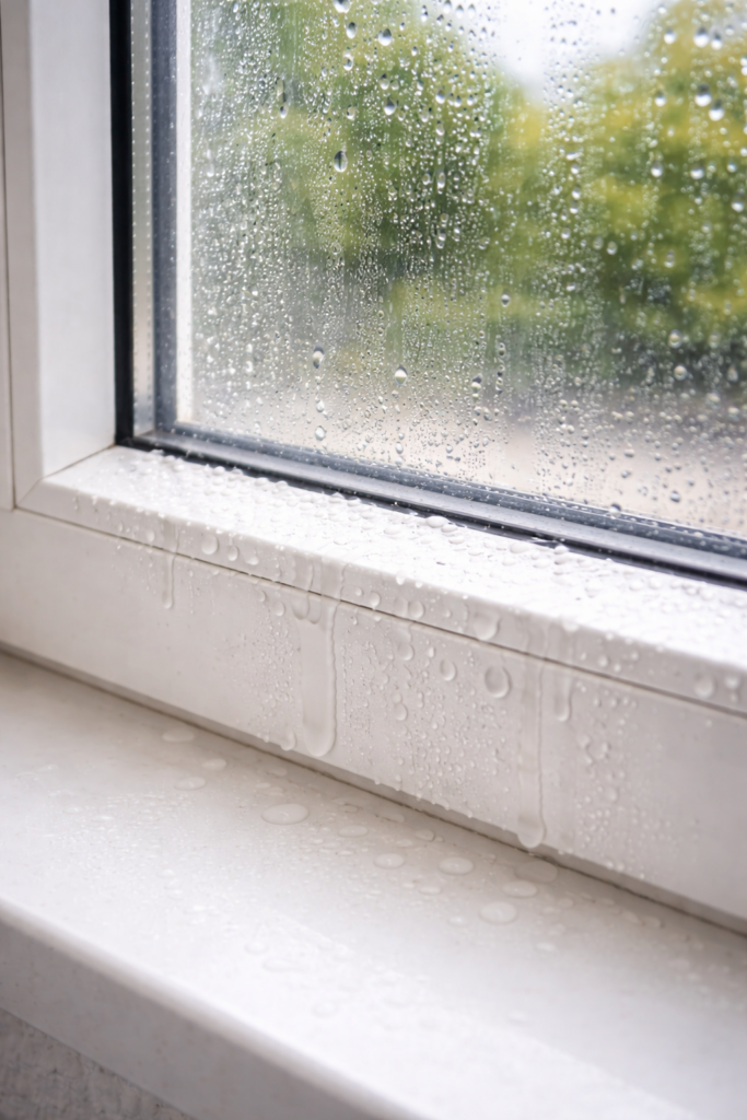 Kondensatwasser am Fenster im unteren Bereich des Fensterrahmens durch hohe Luftfeuchtigkeit