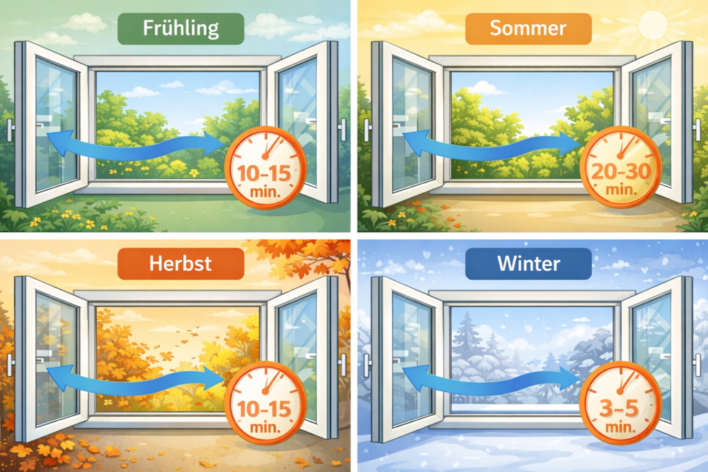 Richtiges Lüften mit Fenstern nach Jahreszeiten – empfohlene Lüftungsdauer im Frühling, Sommer, Herbst und Winter