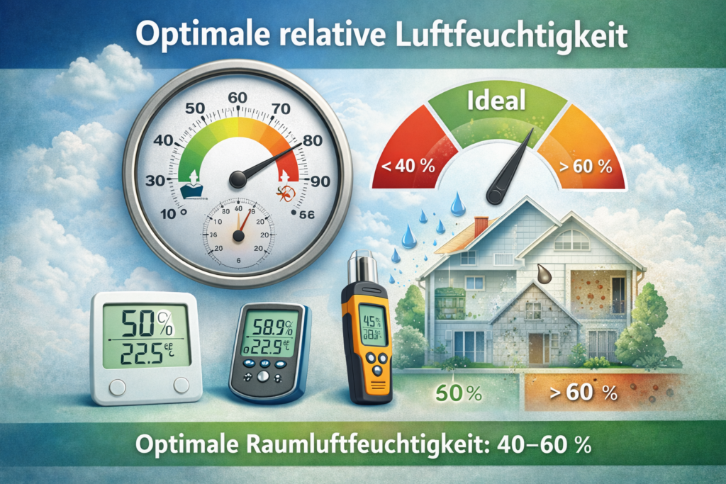 Optimale relative Luftfeuchtigkeit in Wohnräumen mit Hygrometern und Messgeräten – idealer Bereich 40 bis 60 Prozent