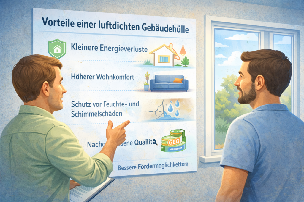 Energieberater erklärt dem Bauherren die Vorteile einer luftdichten Gebäudehülle