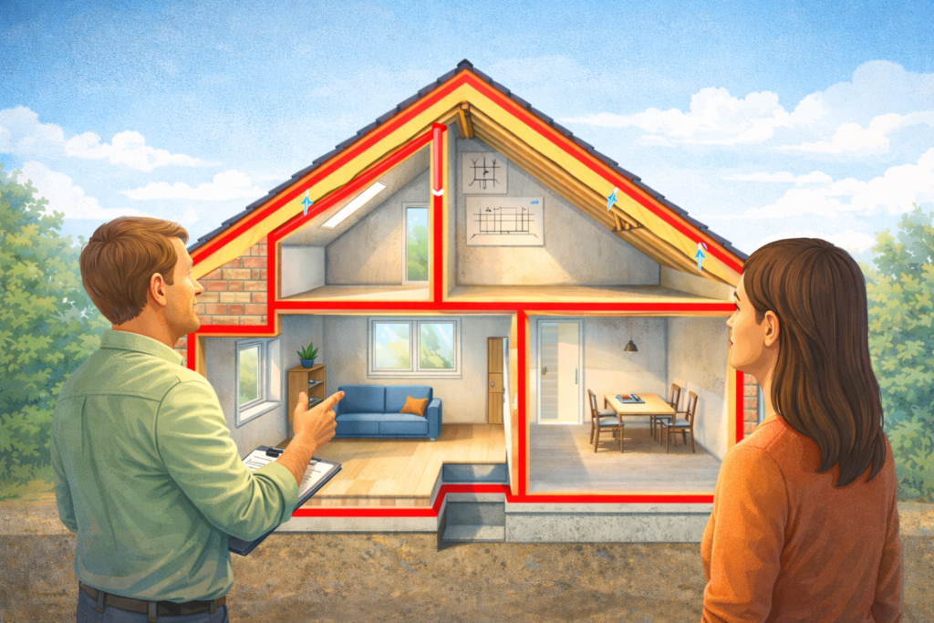 Energieberater erklärt der Bauherrin die Planung der luftdichten Ebene im Einfamilienhaus