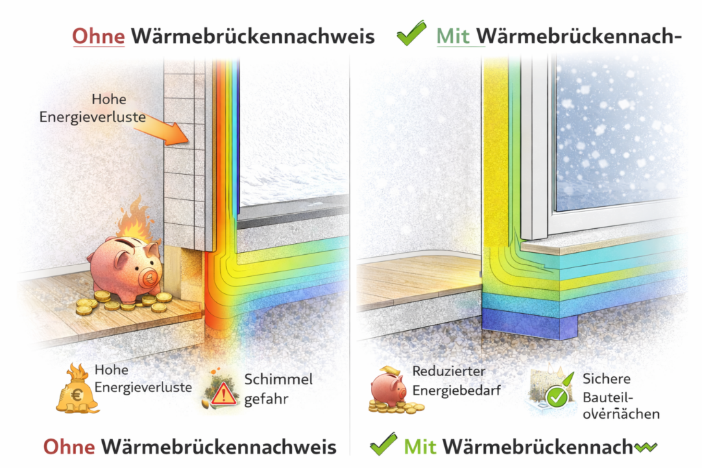 Vergleich eines Gebäudeschnitts ohne und mit Wärmebrückennachweis mit Darstellung von Wärmeverlusten, Schimmelrisiken und optimierten Bauteilanschlüssen