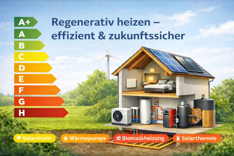 Regeneratives Heizen im Wohngebäude mit Wärmepumpe, Solarstrom, Solarthermie und Biomasseheizung inklusive Energieeffizienzklassen