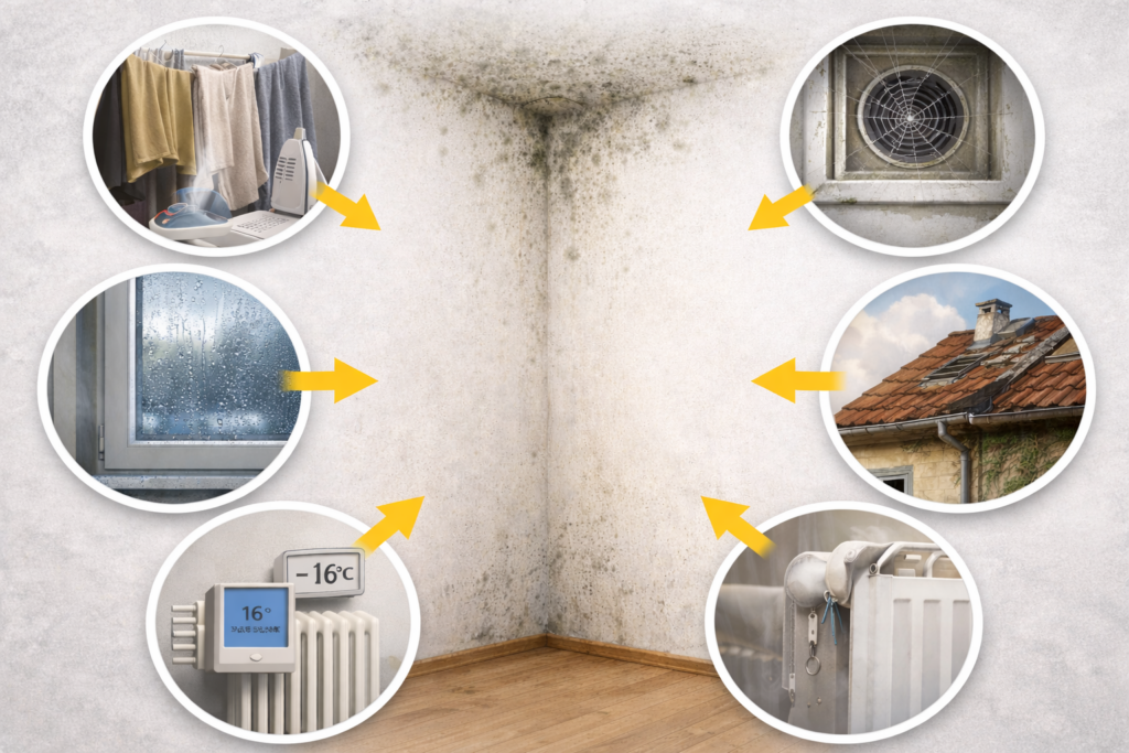 Ursachen für Schimmelbildung in Wohnräumen durch Feuchtigkeit, falsches Lüften und bauliche Mängel