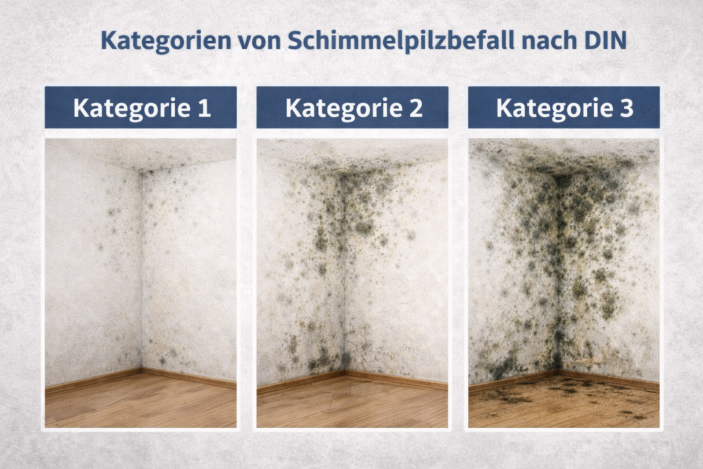 Kategorien von Schimmelpilzbefall nach DIN mit geringer, mittlerer und starker Ausprägung