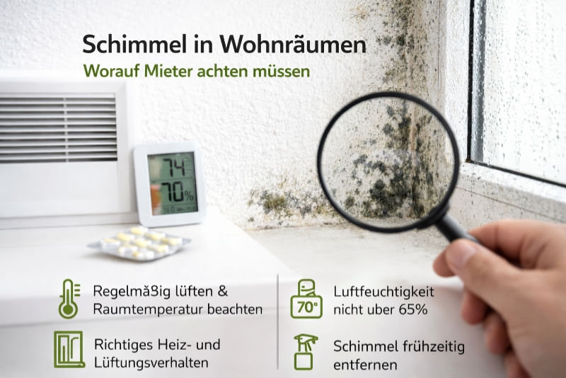 Schimmelbildung an Fenster und Wand in Wohnraum – Messgerät zeigt hohe Luftfeuchtigkeit als Ursache für Schimmelpilz