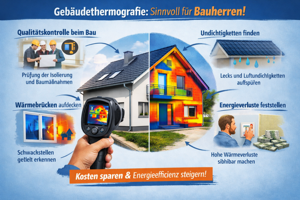 Gebäudethermografie an einem Wohnhaus: Wärmebild zeigt Wärmeverluste, Undichtigkeiten und Wärmebrücken zur Qualitätskontrolle für Bauherren