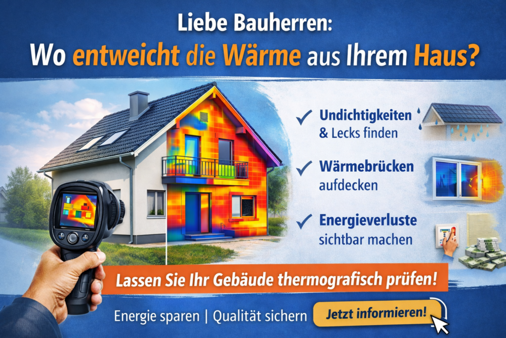 Werbegrafik zur Bauthermografie: Wärmebild eines Wohnhauses zeigt Energieverluste, Wärmebrücken und Undichtigkeiten zur Information von Bauherren