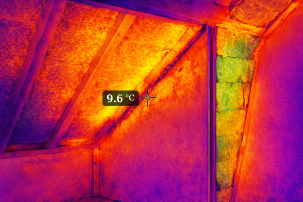 Thermografie-Innenaufnahme einer Wärmebrücke am Kniestock und Dachanschluss eines teilweise gedämmten Dachstuhls mit kritischer Oberflächentemperatur von 9,6 °C