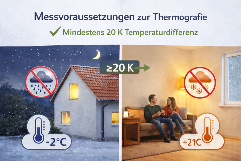 Messvoraussetzungen für Gebäudethermografie: mindestens 20 Kelvin Temperaturunterschied zwischen Innen und Außen, kein Regen oder Schneefall, beheizte Innenräume